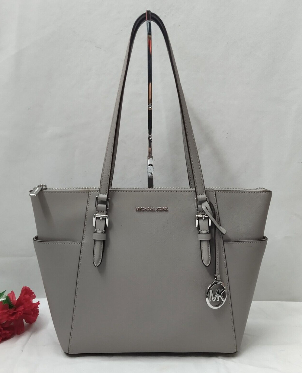 Michael Kors Jet Set Gray Leather Double Handle Zipper Closure Tote Shoulder Bag